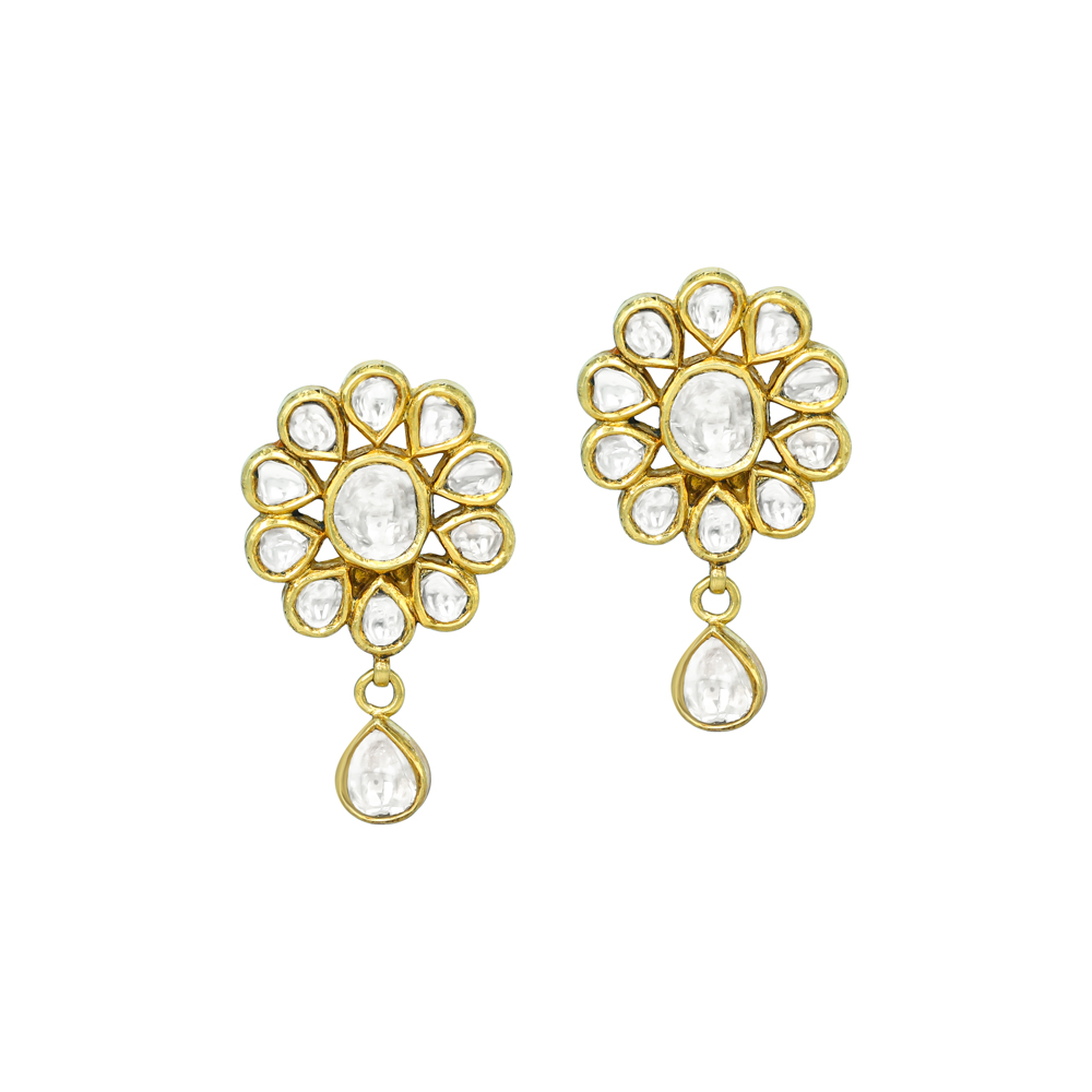 Floral Polki Earrings with Teardrop Dangling